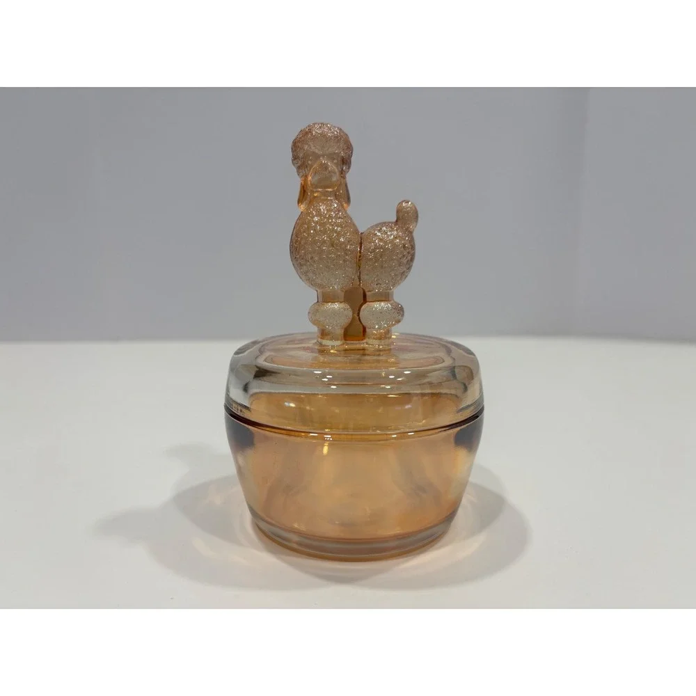 Vintage Marigold Carnival Glass Poodle Powder Jar Trinket Dish Amber Iridescent